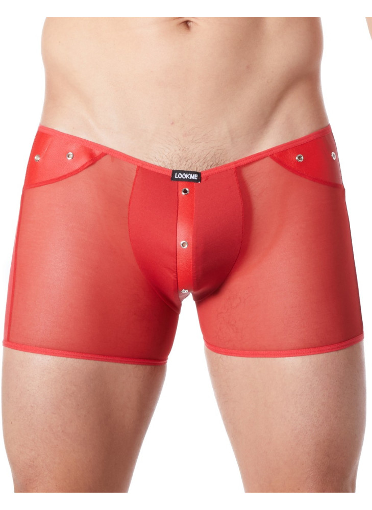 Boxer rouge sexy maille transparente et bande style cuir - LM807-67RED